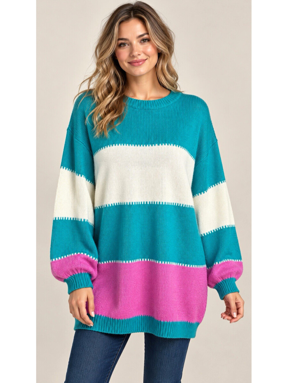 Umgee Women’s M Teal White Pink Colorblock Knit Crew Neck Relaxed Sweater